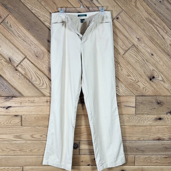 Lauren Ralph Lauren Pants Women 8 Linen Cotton Blend Straight Leg Tan Green Tag - Picture 8 of 9